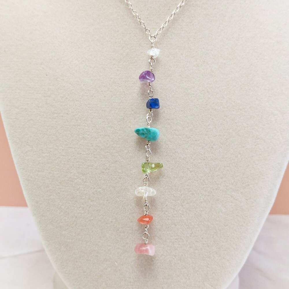 Sterling Silver Rainbow Gemstone Necklace | 16” + 3” Drop | Pride Jewelry